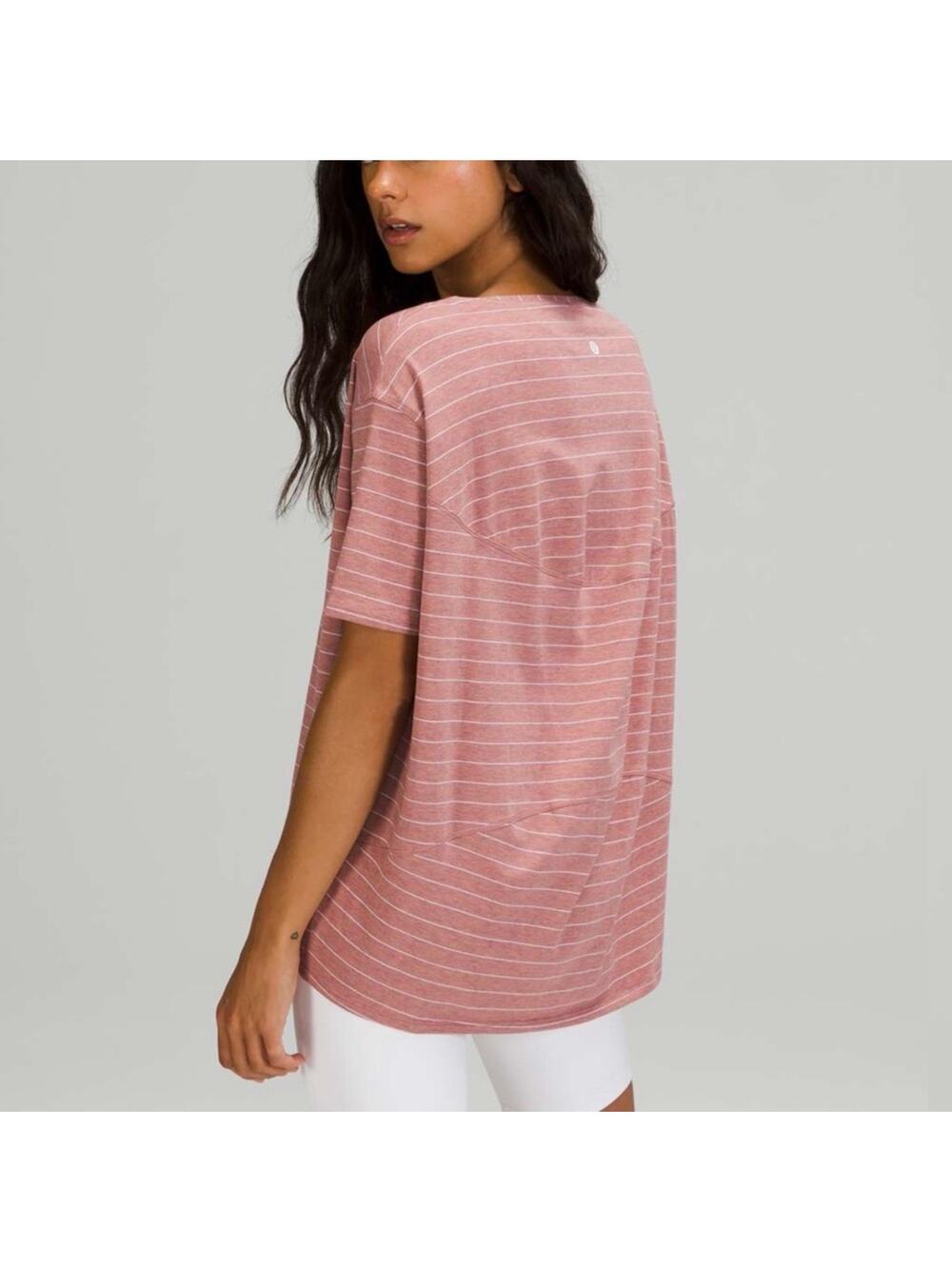 Lululemon Top Womens 8 Back In Action Short Sleeve Stripe Heathered Spiced Chai
